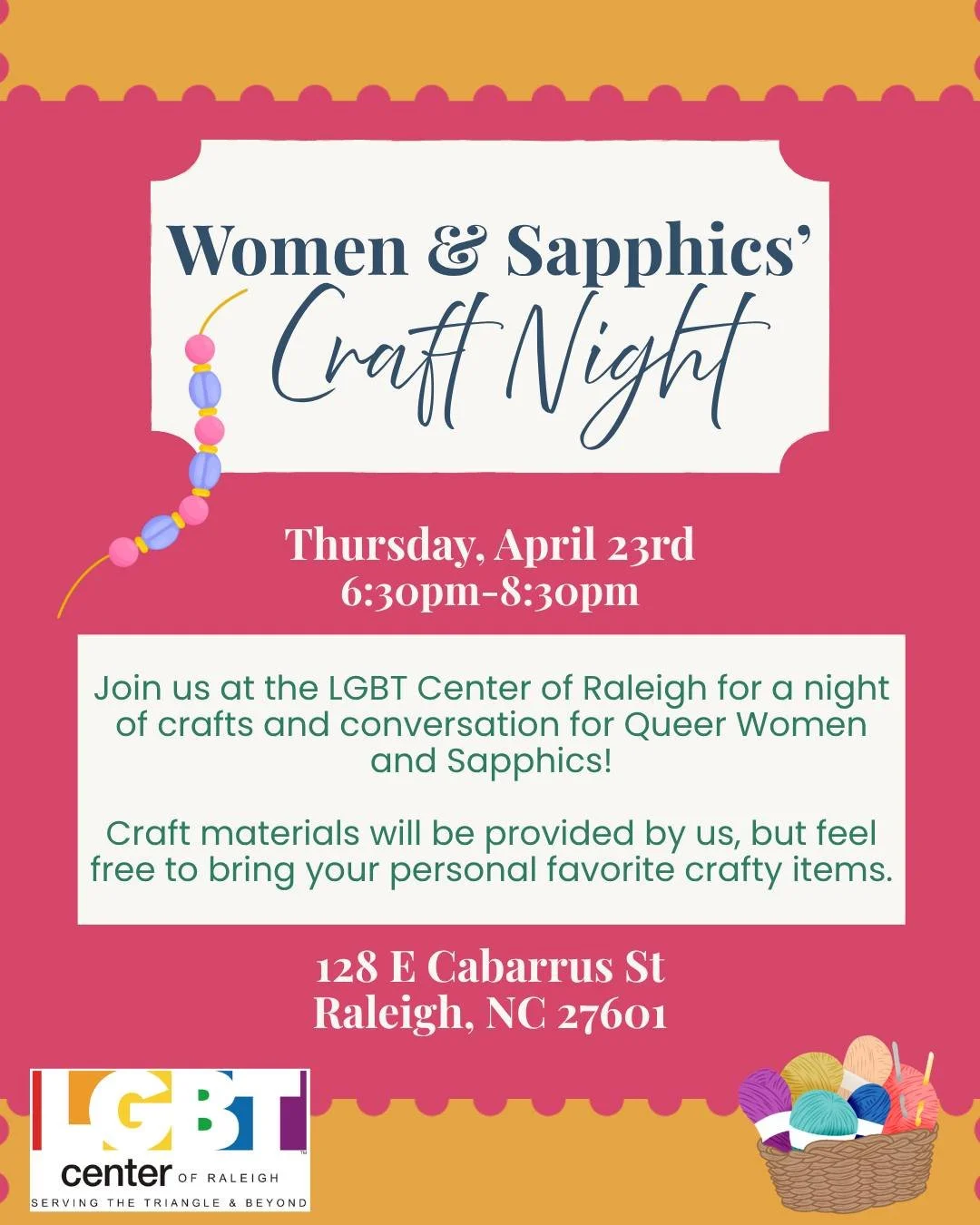 On April 23rd The LGBT Center of Raleigh will be hosting a craft night for LGBTQ+ women and sapphics! 🖍️ 🧶 🎨

Bring your own crafts, or enjoy some provided by the center!

Drop us a comment if you plan to attend! ❤️