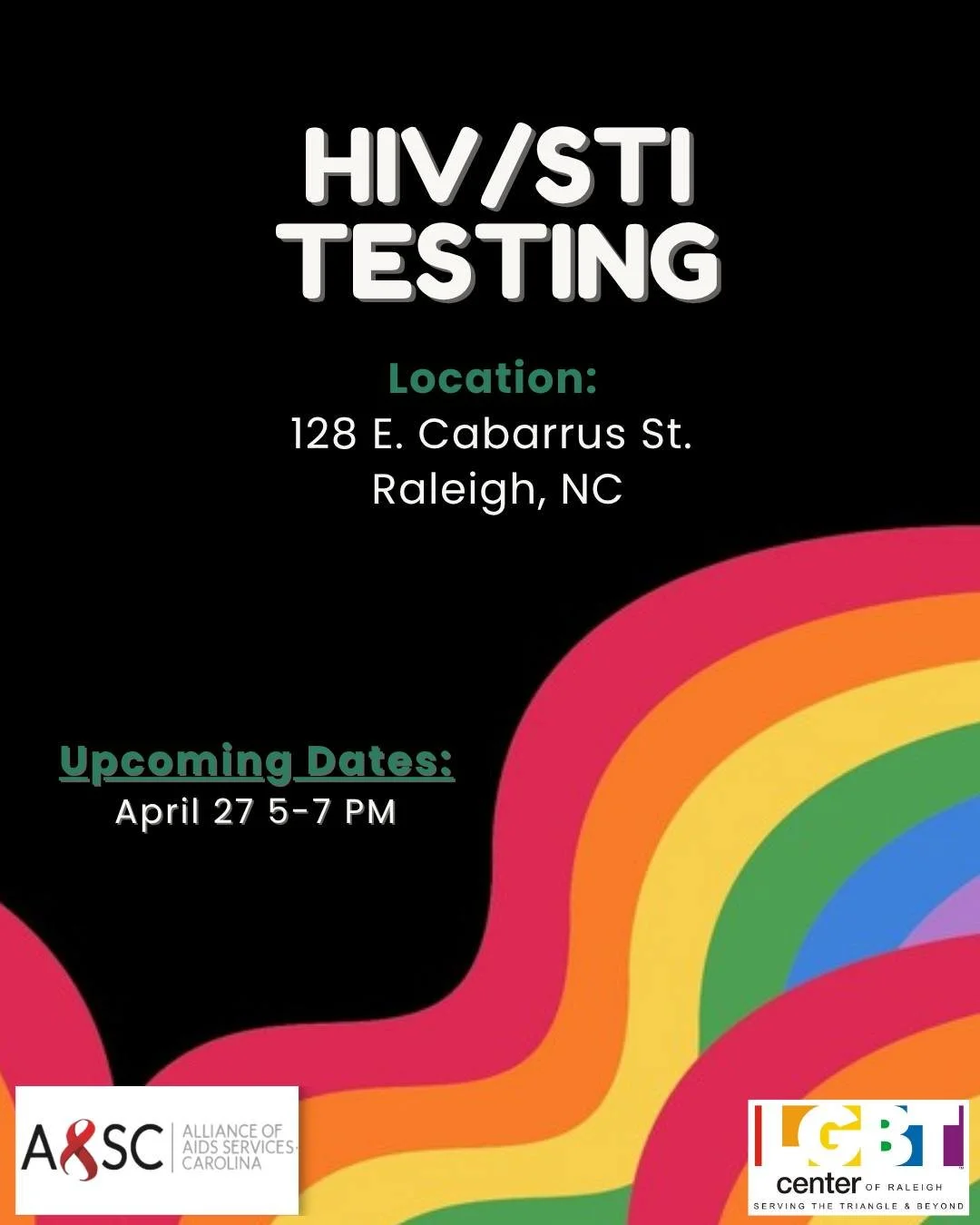 There will be HIV/STI testing this upcoming Monday, April 27th 2026 from 5 - 7 PM. We look forward to seeing you there!