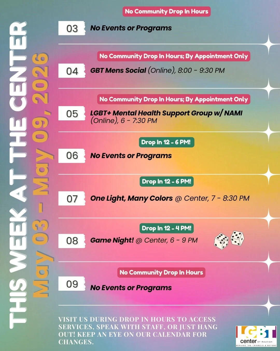 This Week @ The Center!

Sunday, 05/03: No Events or Programs

Monday, 05/04: GBT Mens Social (Online), 8:00 - 9:30 PM 

Tuesday, 05/05: LGBT+ Mental Health Support Group w/ NAMI (Online), 6 - 7:30 PM

Wednesday, 05/06: No Events or Programs

Thursda