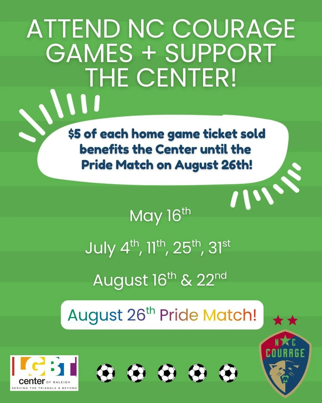 The Triangle is THE place to BE and we want to see you at an NC Courage home game! Use the link in our bio to purchase your next NC Courage ticket (for one of the dates listed) and help out the LGBT Center of Raleigh at the same time! We appreciate y