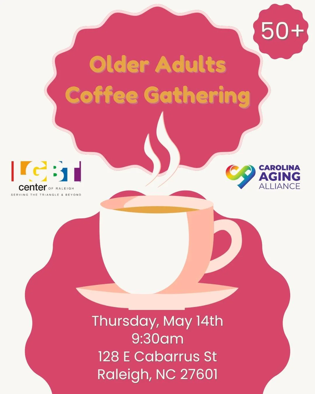 Join us next week on May 14th for our Older Adults Coffee Gathering! Here you can look forward to connecting and chatting with other 50+ community members. We look forward to seeing you there!