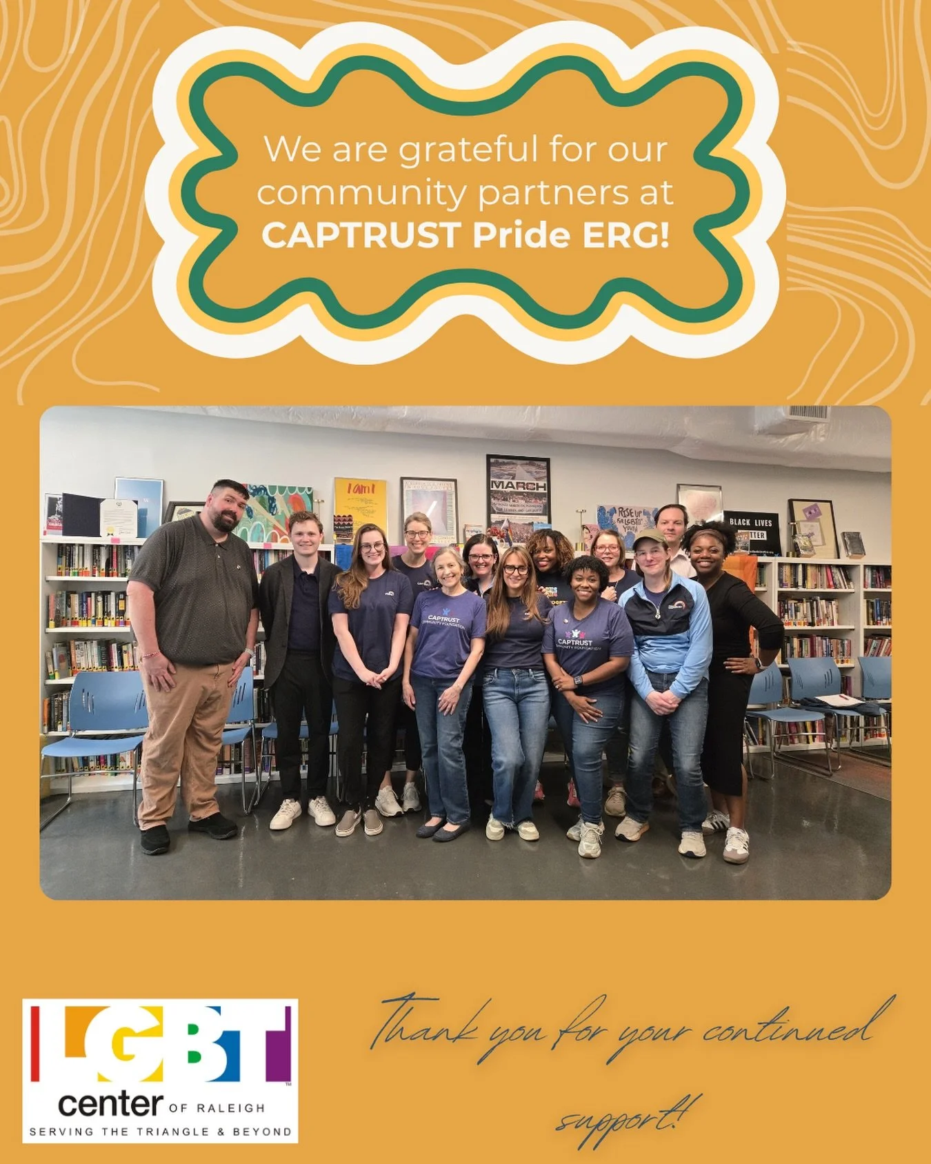 Thank you to our friends at CAPTRUST Raleigh Pride ERG for helping us organize our library and inventory our free clothing closet! We are grateful for the part our community partner groups play in keeping the Center running smoothly! 🌈