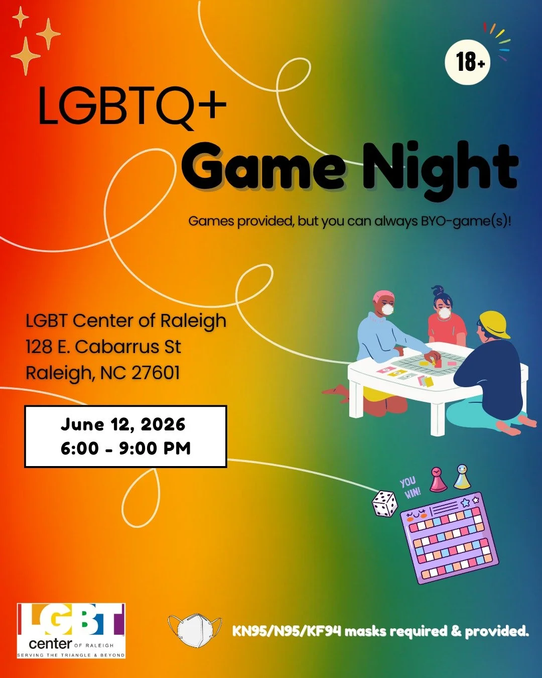 Join us for GAYme Night, THIS Friday, June 12th from 6-9 PM!

We&rsquo;ve got the games covered and masks ready too. You&rsquo;re always welcome to bring your own favorite games as well. Parking is easy with free street parking after 6pm and the park