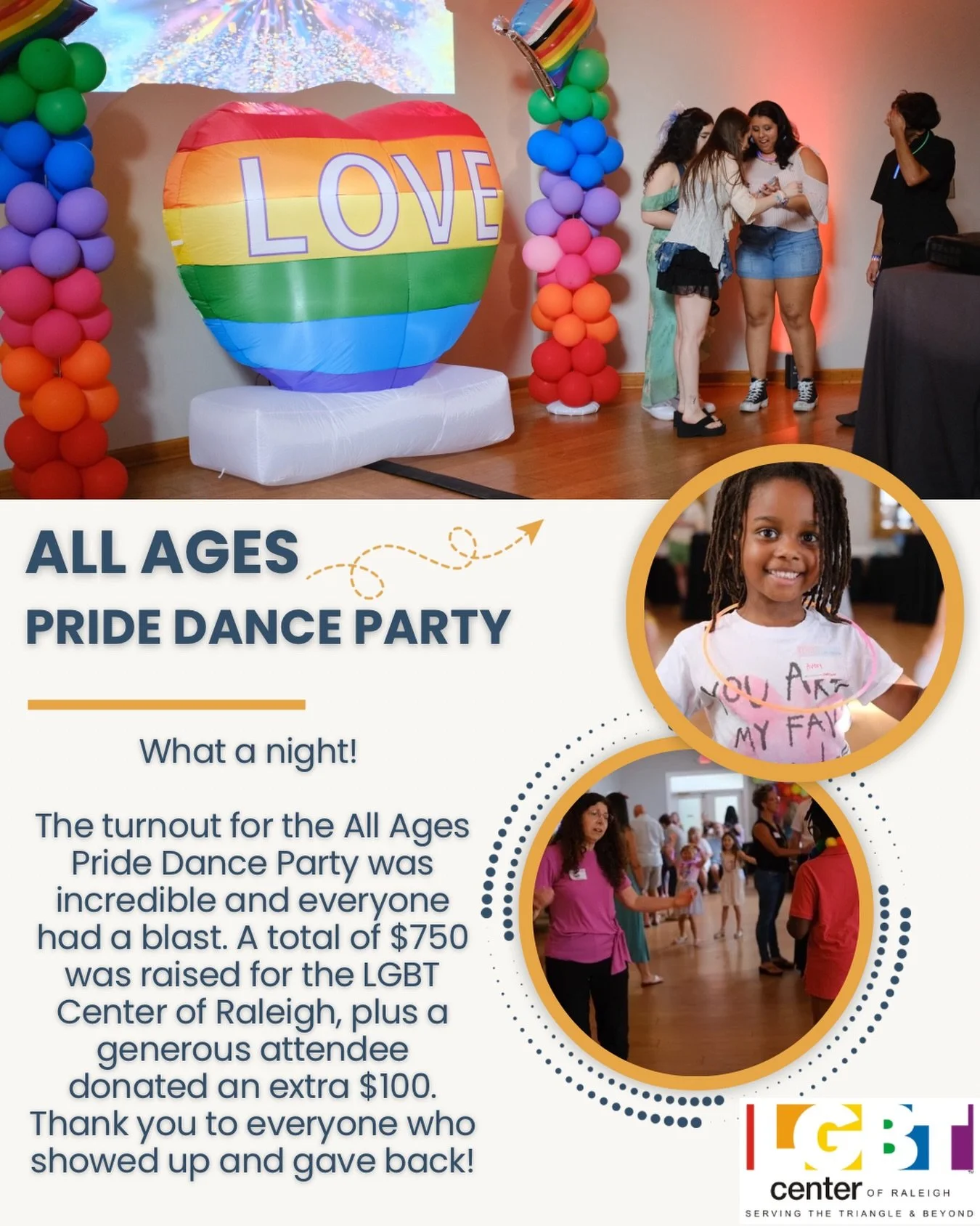 We are still thinking about the All Ages Pride Dance Party that took place recently! 

The place was packed and the music was great (shoutout to @daethedj!) $750 was raised for the LGBT Center of Raleigh and one very generous person tossed in another