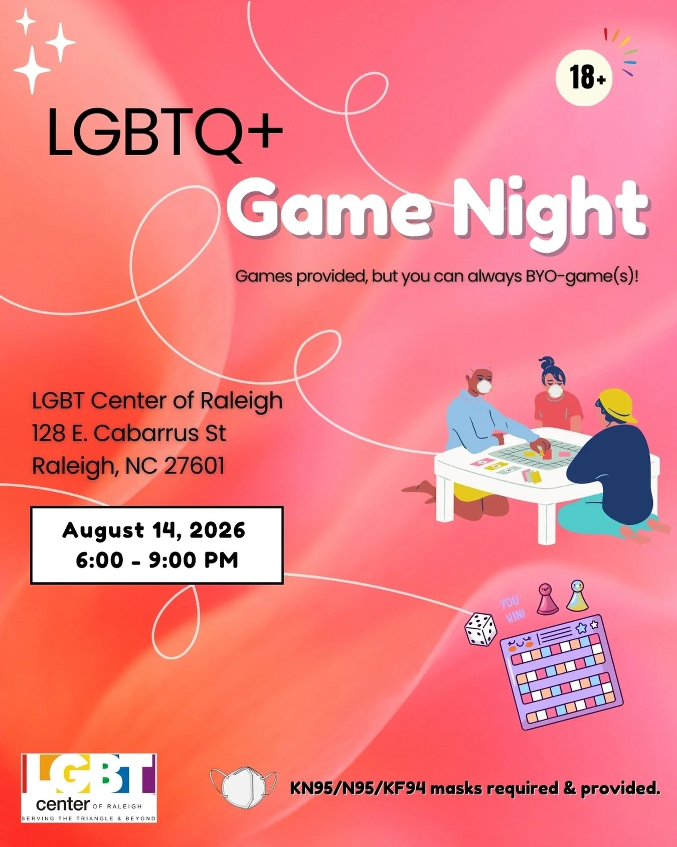 Join us for GAYme Night, this Friday, August 14th from 6-9 PM!

We&rsquo;ve got the games covered and masks ready too. You&rsquo;re always welcome to bring your own favorite games as well. Parking is easy with free street parking after 6pm and the pa