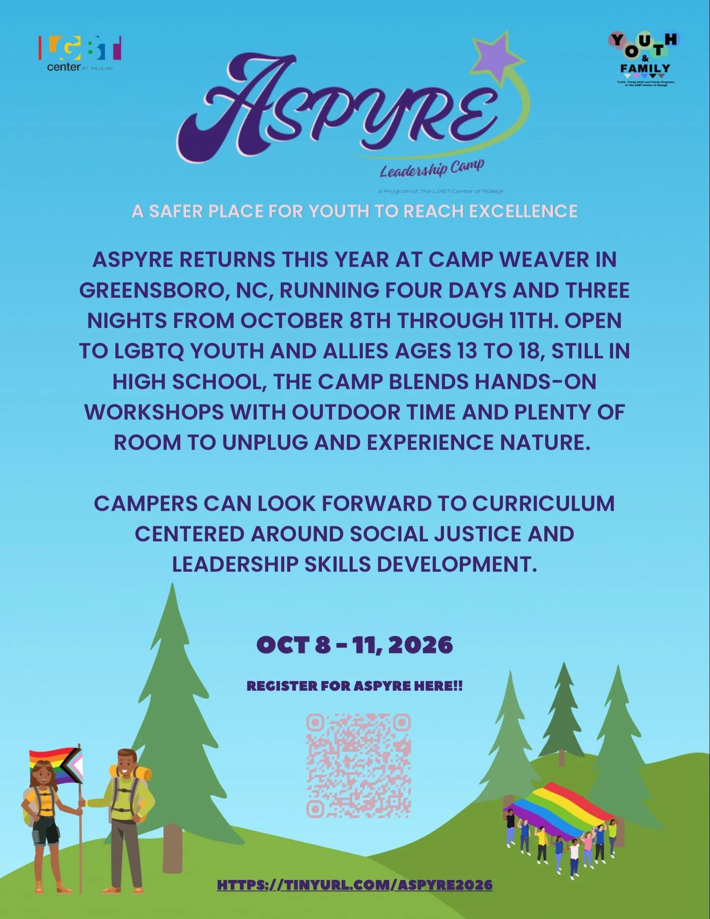 Only ✨58✨ days until this year&rsquo;s ASPYRE Youth Leadership Camp! Are you excited? We are! Registration is live!

ASPYRE Youth Leadership Camp empowers young members of the LGBTQ+ community and their allies to achieve personal growth through activ