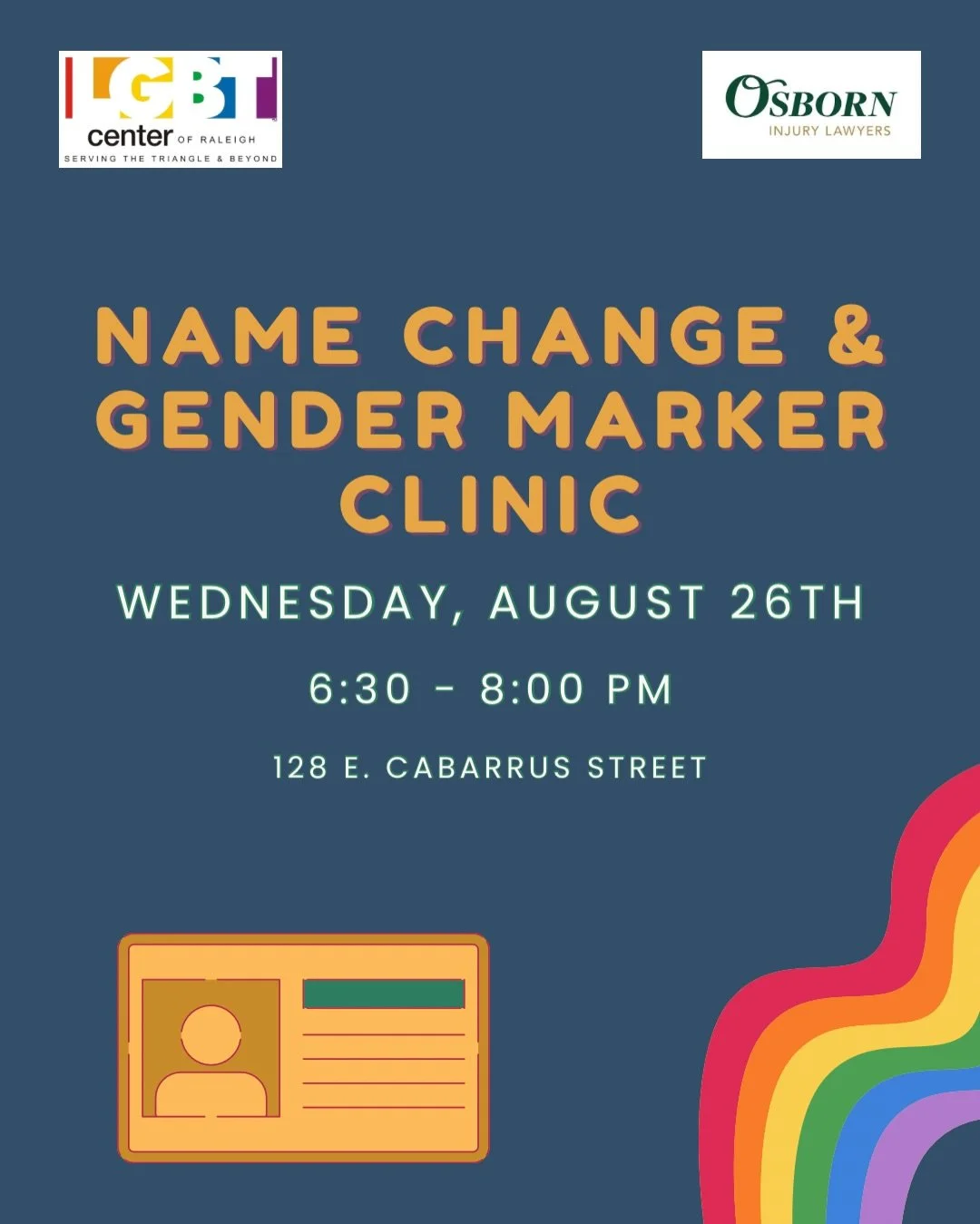 Frustrated with the name and/or gender marker change process? Need a notary? We&rsquo;re here to help!

Our next Name Change and Gender Marker Clinic with @osborninjurylawyers is Wednesday, August 26th from 6:30-8 PM at The Center!

This service is f