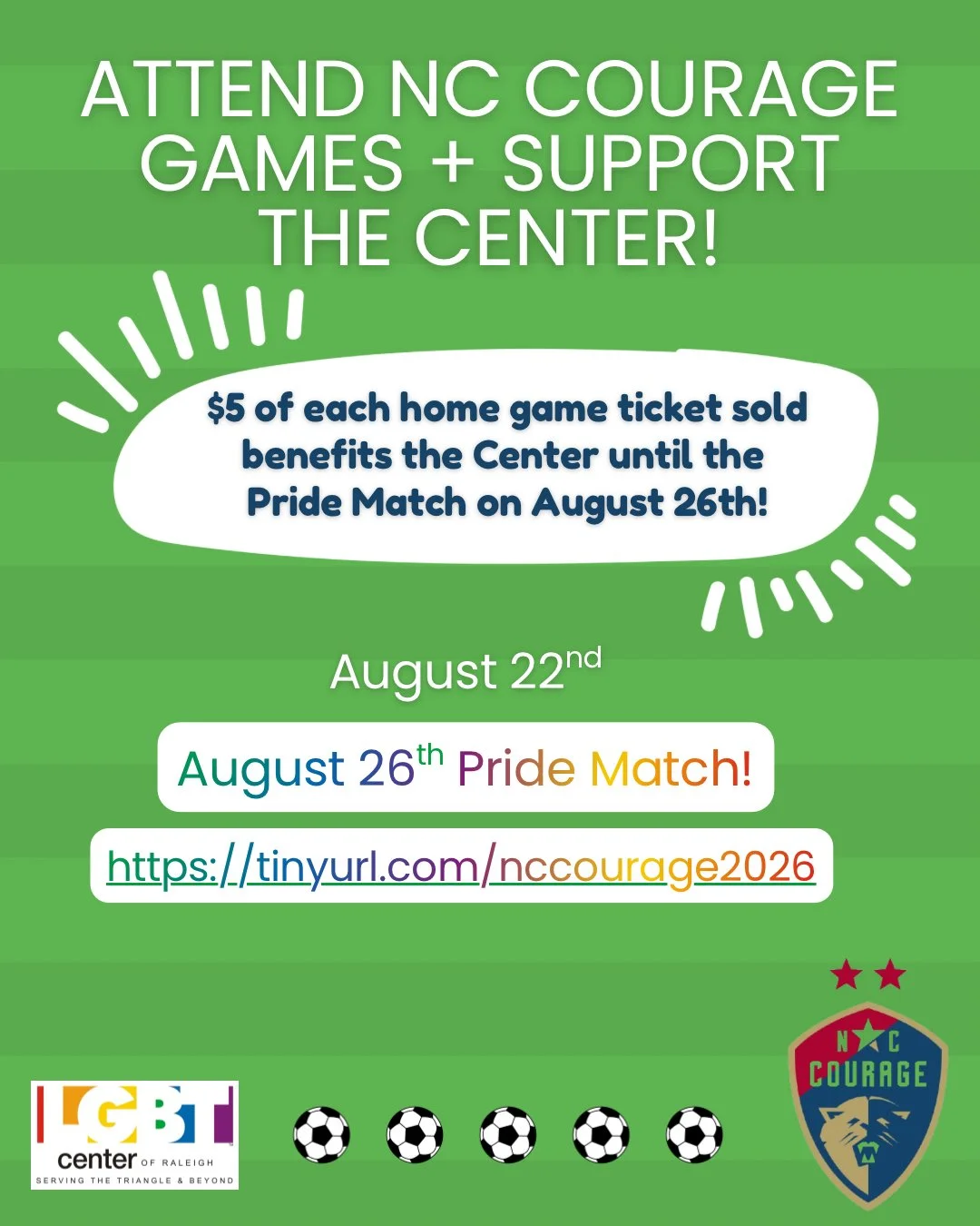 We want to see you at the next NC Courage home game! Use the link in our bio to purchase your next NC Courage ticket (for one of the dates listed) and help out the LGBT Center of Raleigh at the same time! We appreciate your support!