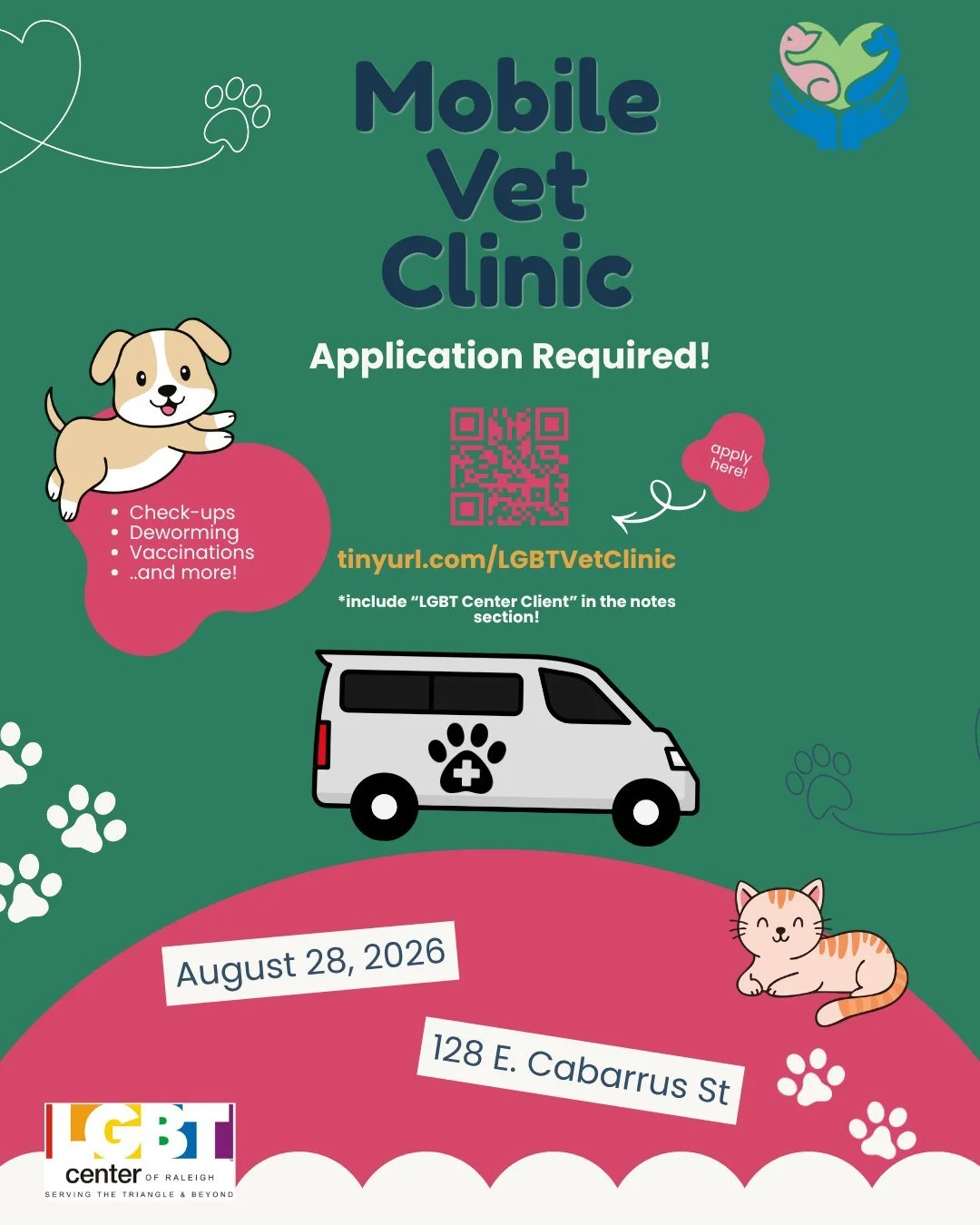 In partnership with DEGA Mobile Veterinary Care, the LGBT Center of Raleigh will be hosting a mobile vet clinic on August 28th 2026! Anyone interested must first apply to participate. The application can be found via the link in our bio! Please be su