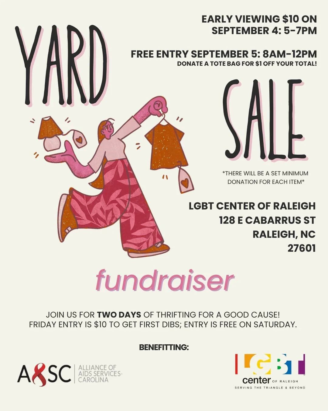 Our Yard &ldquo;Sale&rdquo; Fundraiser is back THIS WEEK! 🎉

Kick off First Friday with us on September 4 from 5&ndash;7 PM and get early access to all the finds for just $10.

Then come back Saturday, September 5 from 8 AM&ndash;12 PM for FREE thri