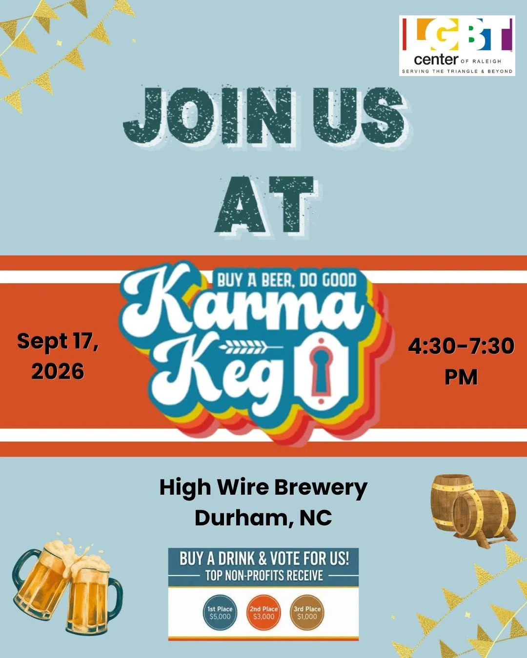 Okay, community.. we need your help! 🍻🏆

The LGBT Center of Raleigh is participating in this year&rsquo;s Karma Keg, and every drink purchased earns you a vote for your favorite nonprofit. At the end of the night, the organizations with the most vo