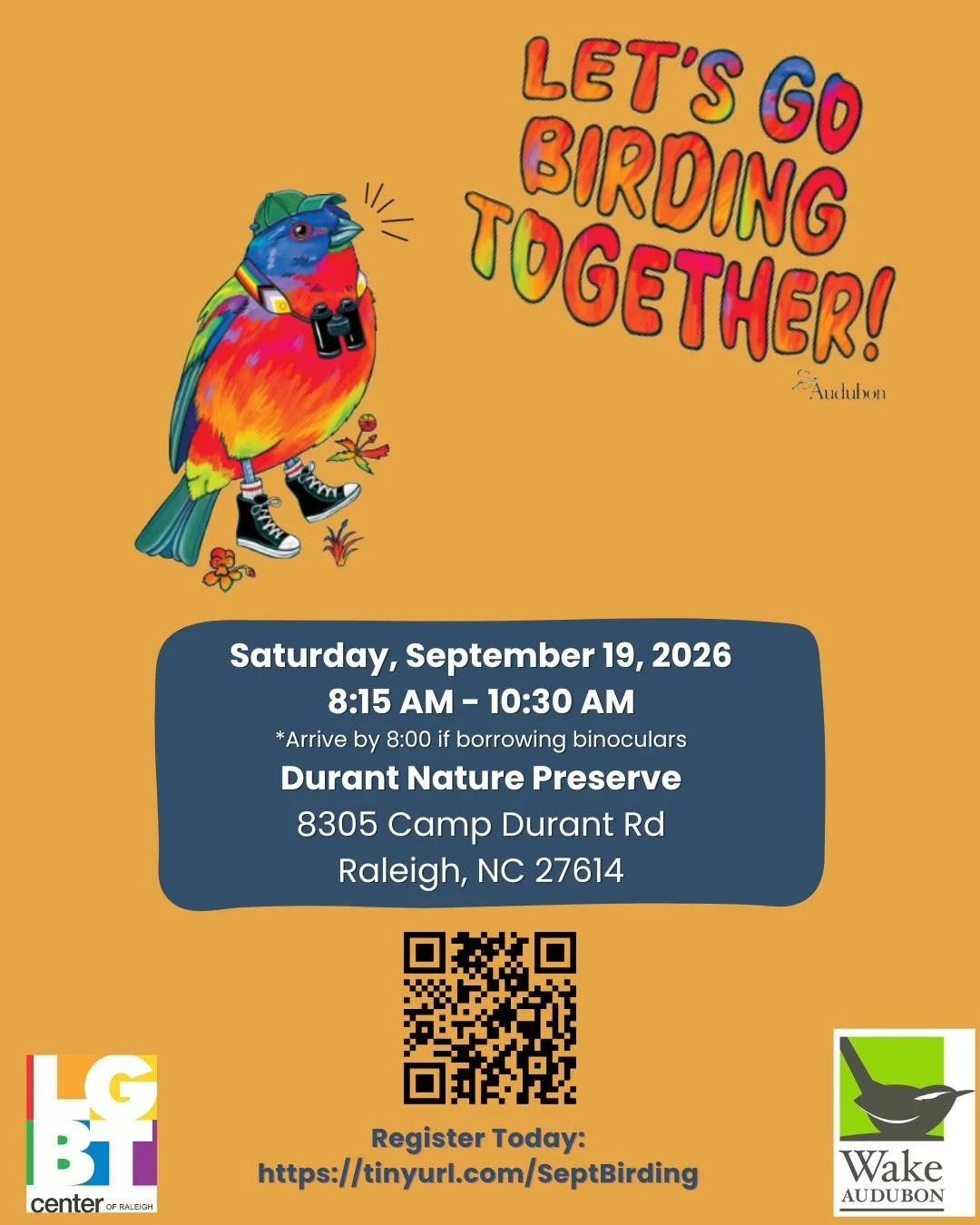 Hello LGBTQ+ Community and Allies! Let&rsquo;s Go Birding is back with another exciting meet up! Our next event with @wakeaudubon will be Saturday, September 19th from 8:15 AM - 10:30 AM at Durant Nature Preserve. Register using the link in our bio! 