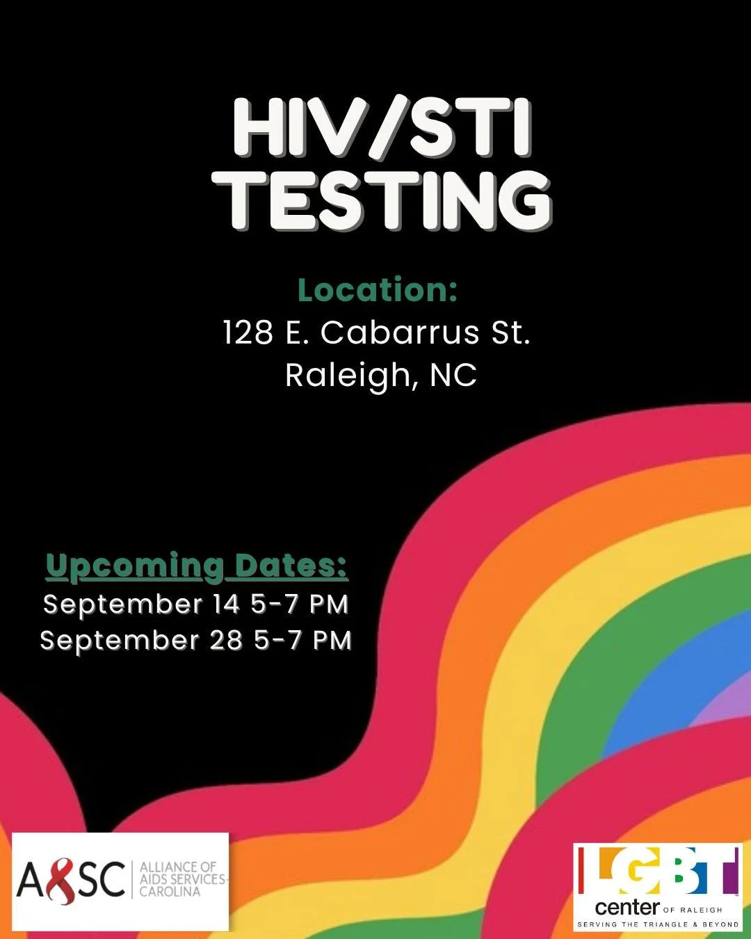 There will be HIV/STI testing this month on Monday, September 14th from 5-7 PM and Monday, September 28th from 5-7 PM. We look forward to seeing you there! Bring a friend!