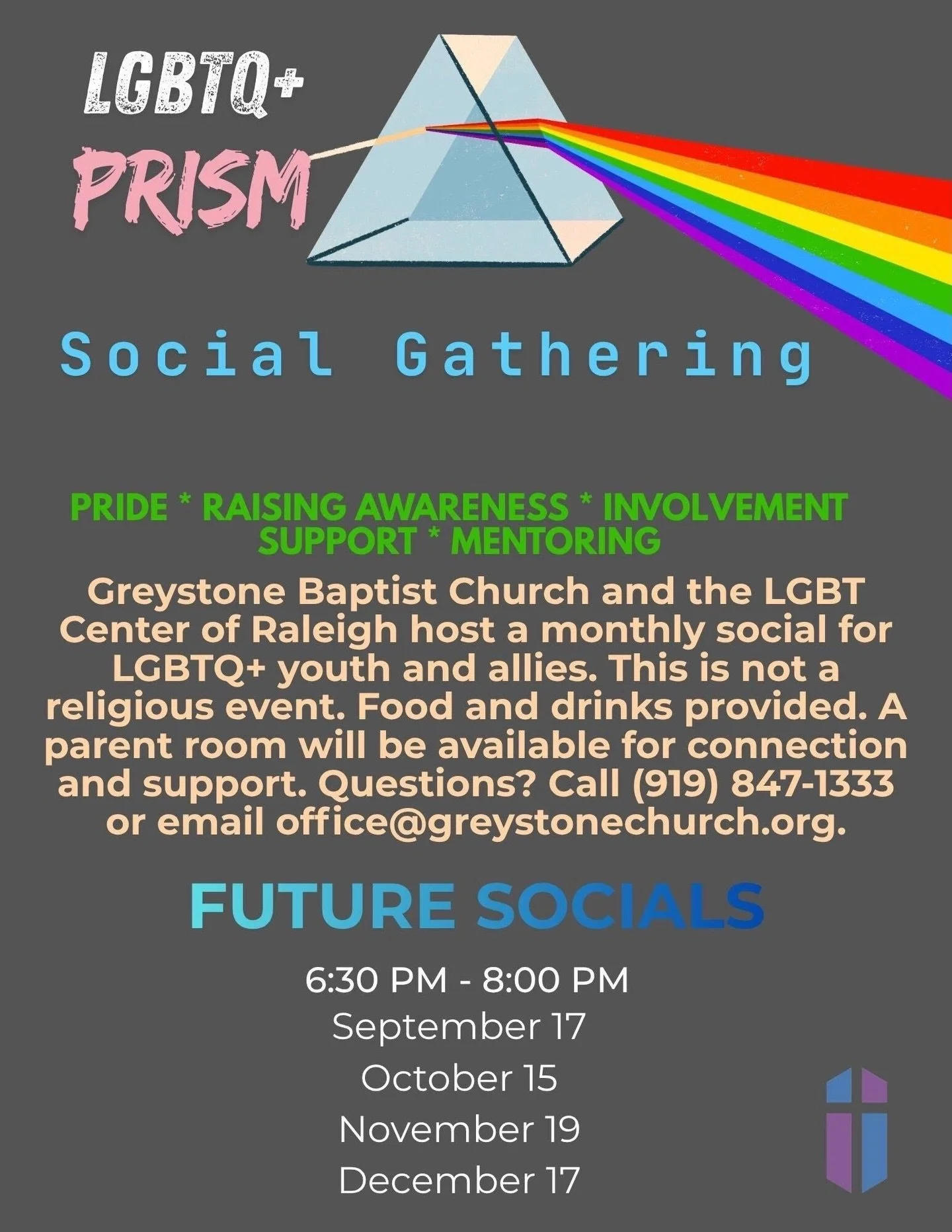 PRISM is back on September 17! 🌈

This is a space for LGBTQ+ youth and allies to come hang out and meet other young people in the community. Food + drinks will be provided!

Parents and caregivers, you&rsquo;re invited! There will be a separate spac