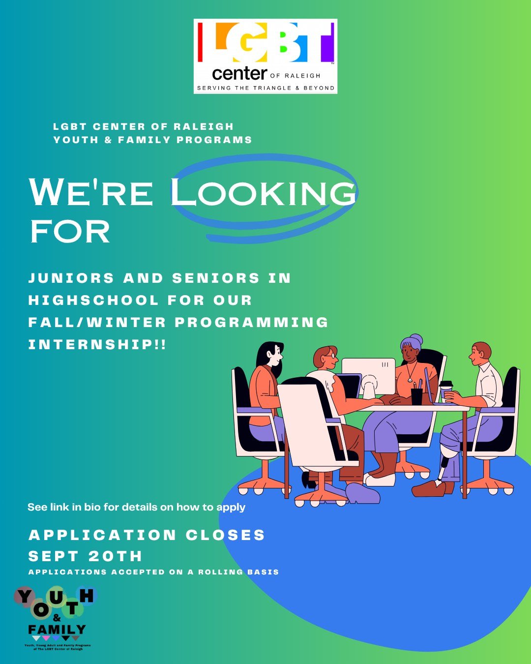 Reminder! 📣 

Applications are still open for our Youth Internship Program.

This is a six-month commitment running from September 2026 through March 2027, with regular meetings held in person and/or virtually.

Interns will work alongside other LGB
