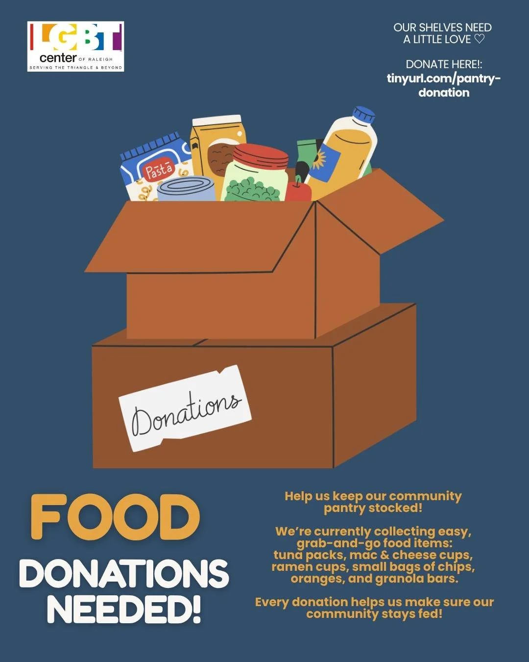 Our pantry could use a little love. 💛

We&rsquo;re collecting easy, grab-and-go food items to help keep our community pantry stocked, including tuna packs, mac &amp; cheese cups, ramen cups, small bags of chips, oranges, and granola bars.

Want to h