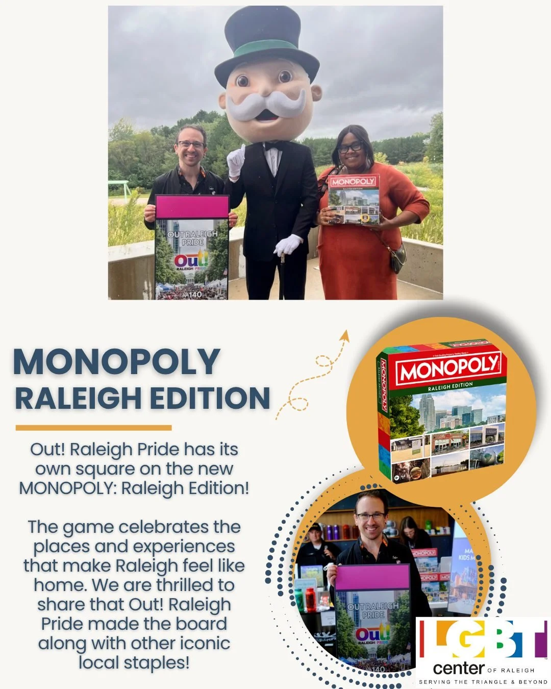 Okayyyy, this is kind of major. 🎲🌈

Out! Raleigh Pride, which is hosted by the LGBT Center of Raleigh, officially has its own square on the new MONOPOLY: Raleigh Edition! 

Out! Raleigh Pride has filled downtown Raleigh with queer joy for years, so
