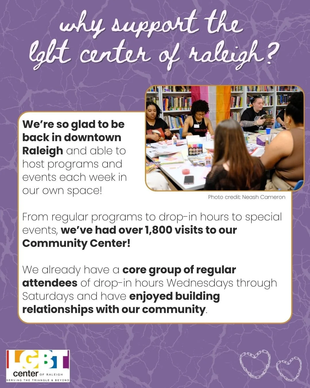 History is what brought us here and community is what keeps us going. 

Since returning to downtown Raleigh, we&rsquo;ve been honored to welcome more than 1,800 visits to the Center. 

This LGBTQ+ History Month, we&rsquo;re raising $10,000 to help su