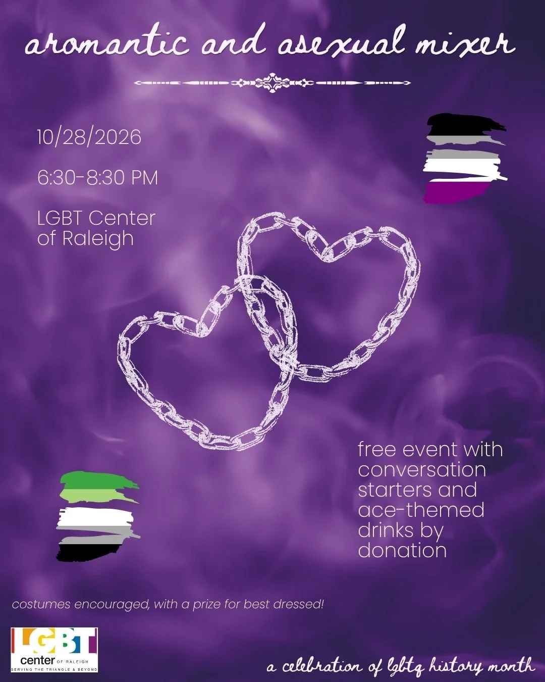 Come hang out with us on 10/28 from 6:30&ndash;8:30 PM for an Aromantic &amp; Asexual Mixer at the Center. 💜🖤🤍

We&rsquo;ll have conversation starters, ace-themed drinks by donation, and a costume contest! 

Expect free and casual fun - we hope to