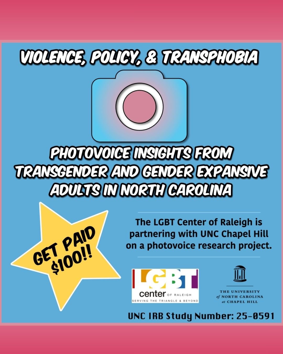 We are excited to partner with @unc_ssw on a photovoice research project to understand how violence, policy, and transphobia impact Transgender and Gender Expansive adults living in the Triangle! This project involves participants developing a focus 