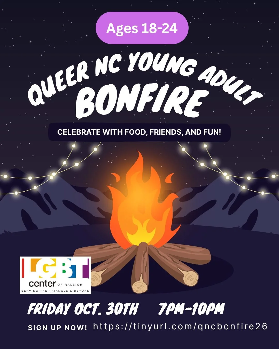 Queer NC is hosting a Young Adult Bonfire! 🔥 

📅 10/30 
🕣 7-10pm
📍Southwest Raleigh (specifics will be emailed prior to the event!

Sign up here using the link in our bio!

Costumes are welcome and encouraged ! Let&rsquo;s have some Fall festive 