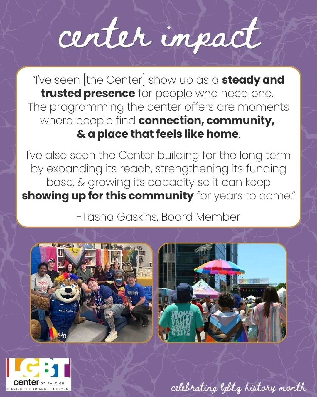 This year we were  able to move into a bigger, more accessible space in Downtown Raleigh. That would not have been possible without the help of our supportive community. 💛

As LGBTQ+ History Month comes to a close, we are continuing to think of ways