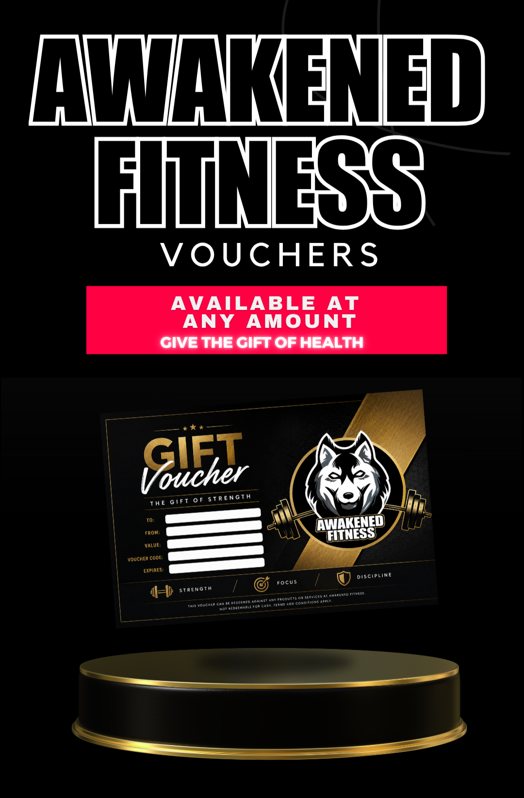 Black and gold fitness gift voucher with wolf logo, barbell, and spaces for recipient details.