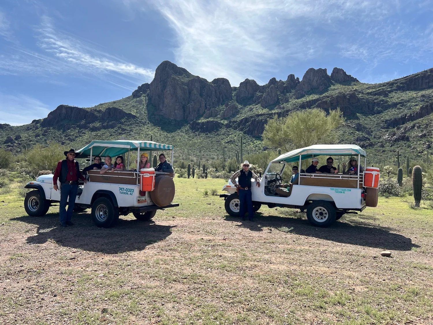 Open-air Jeeps with guests on a Sonoran Desert tour