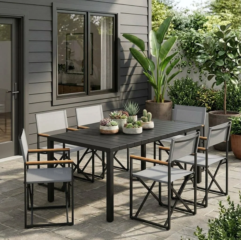 Target Threshold Beech 3 pc top table and Henning Director's chairs Designs with Grand Leisure

Description: Patio dining set with black finish and gray sling, warm faux wood arm caps and director's chair styling in a contemporary patio setting.