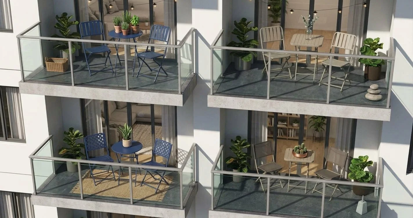 Canadian Tire ForLiving Finch 2024 Designs with Grand Leisure

Description: Patio folding bistro dining sets in blue and gray materials shown on the balconies of a contemporary condo building. 