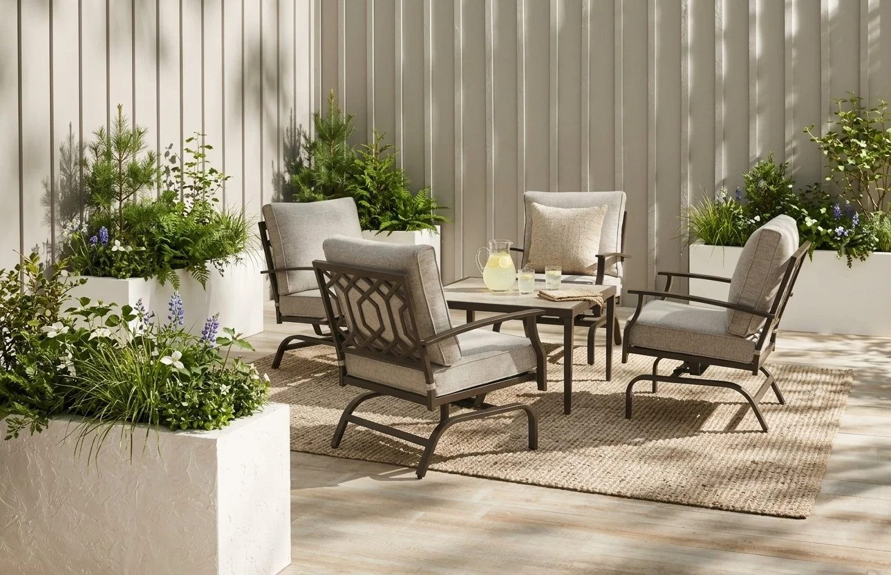 Canadian Tire Canvas Melville 2025 Design with Grand Leisure

Description: Patio seating set with modern geometric stamped back panel in steel with textured greige cushions and terrazzo table-top in a contemporary patio setting.