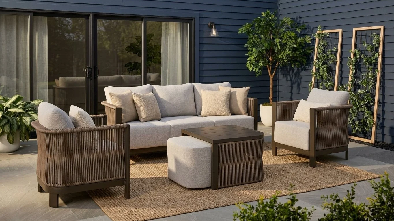 Canadian Tire Canvas Roxboro 2026 Design with Grand Leisure

Description: Patio seating set with thick greige cushions, faux rope wicker vertical roping details, wide arms, and warm dark brown faux wood finish table with tuck under ottoman in a conte