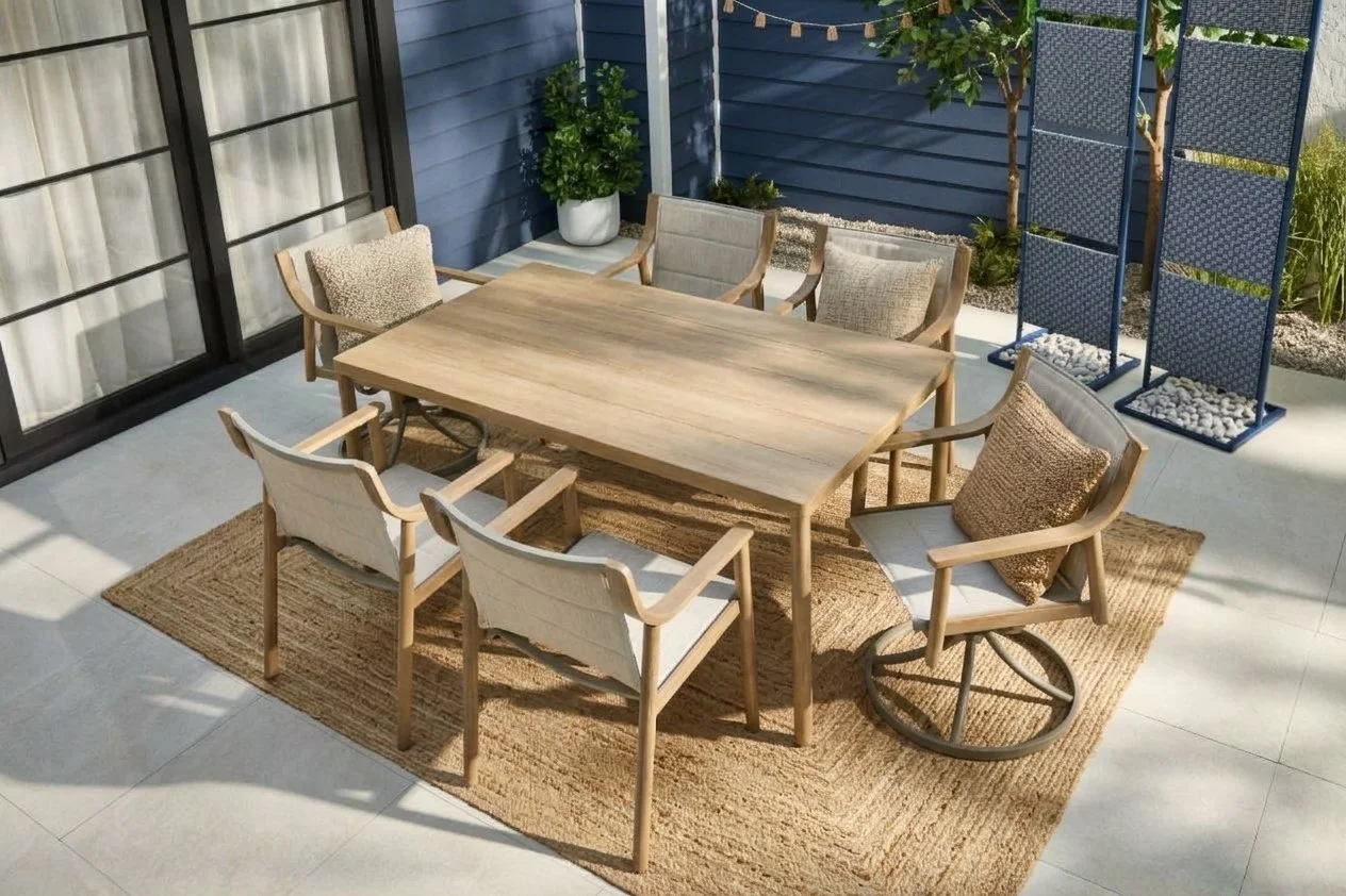 Canadian Tire Canvas Sauble 2026 and Canvas Solana Privacy Screens 2025 Designs with Grand Leisure

Description: Patio dining set with padded off white sling seats and backs, Swivel rocking captain's chairs, and white oak faux wood finish in a contem