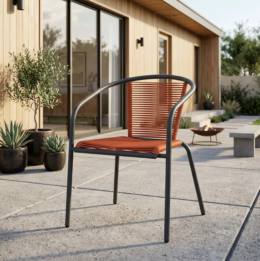 Target Room Essentials PVC stack chair Design with Grand Leisure

Description: Patio dining chair with orange rope wicker and gray frame on a contemporary patio setting.