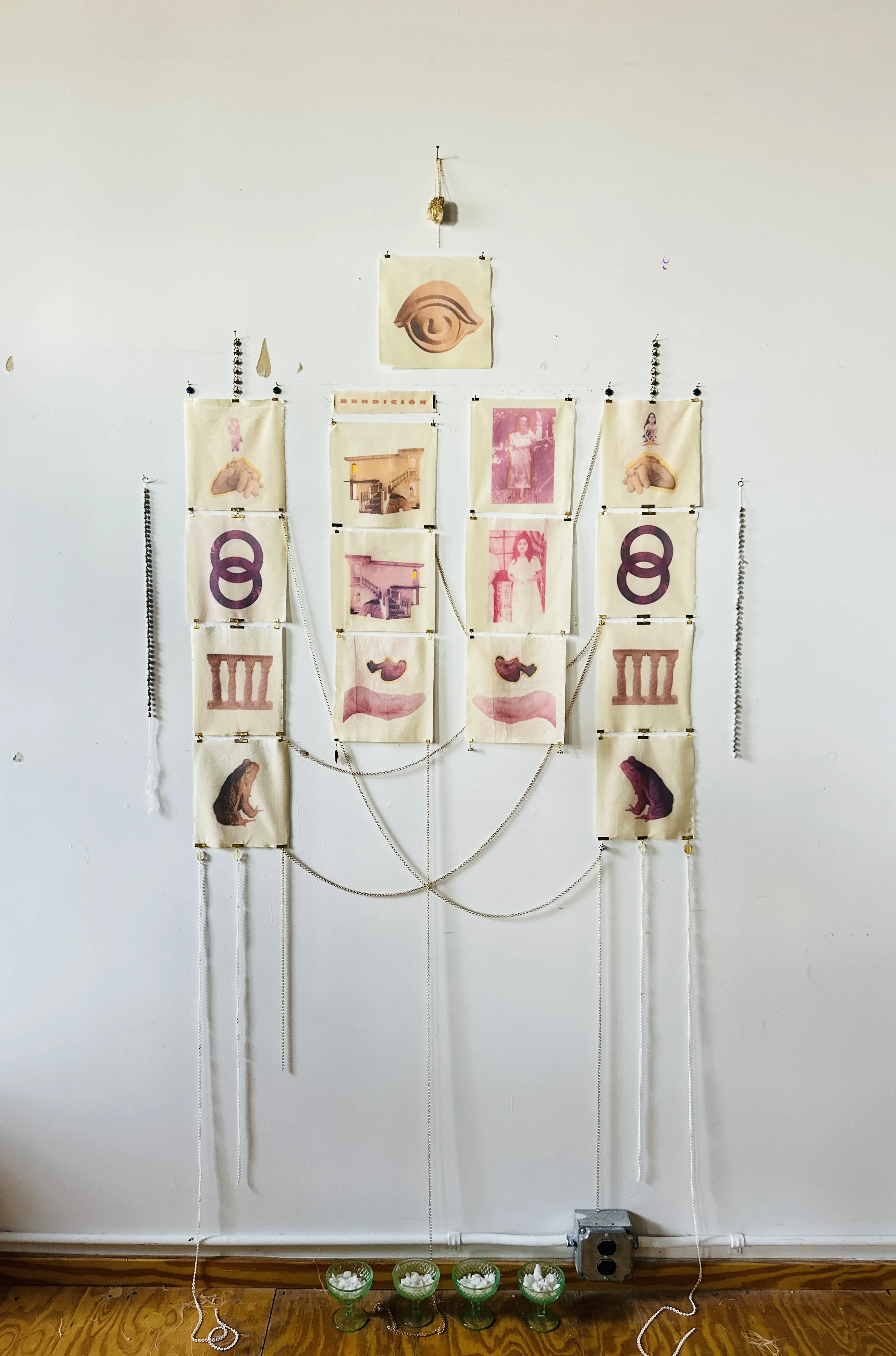 Ensalmo Diaspórico- my photography and archival photos sublimated onto untreated muslin, camándula seeds and gold chain. A spell for diasporic reconnection to the island.