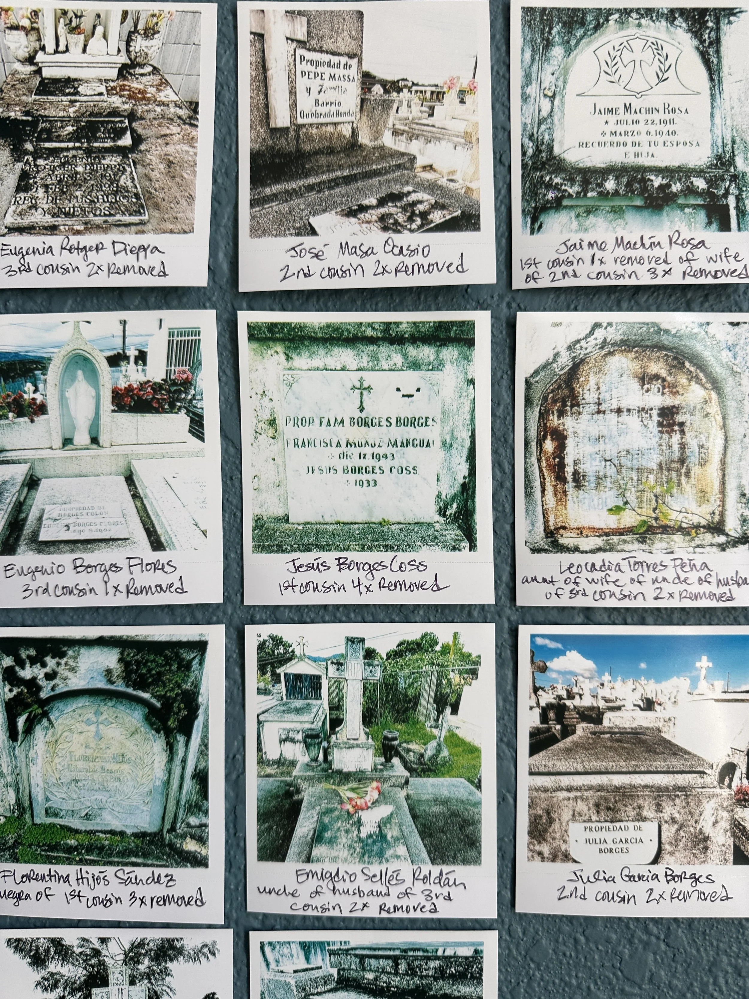 Study for untitled work. My plan is to photograph the entire Cementerio Municipal Viejo in San Lorenzo and label each grave marker with how they are related to me. I imagine this as a grounding piece that shows my relational ties to each person resti