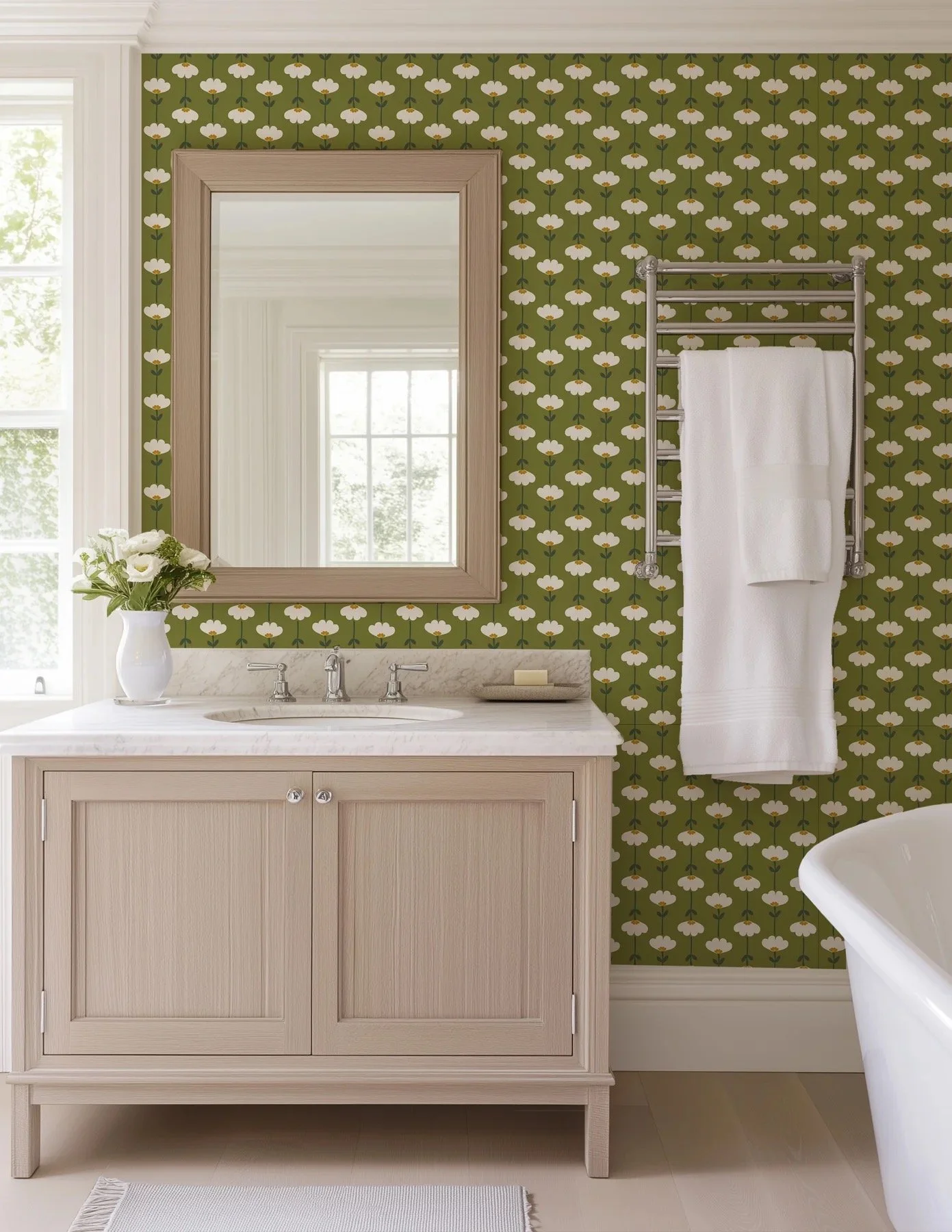 Green Folk Art Floral Wallpaper Meghan Pauley Nespeca and Loomwell