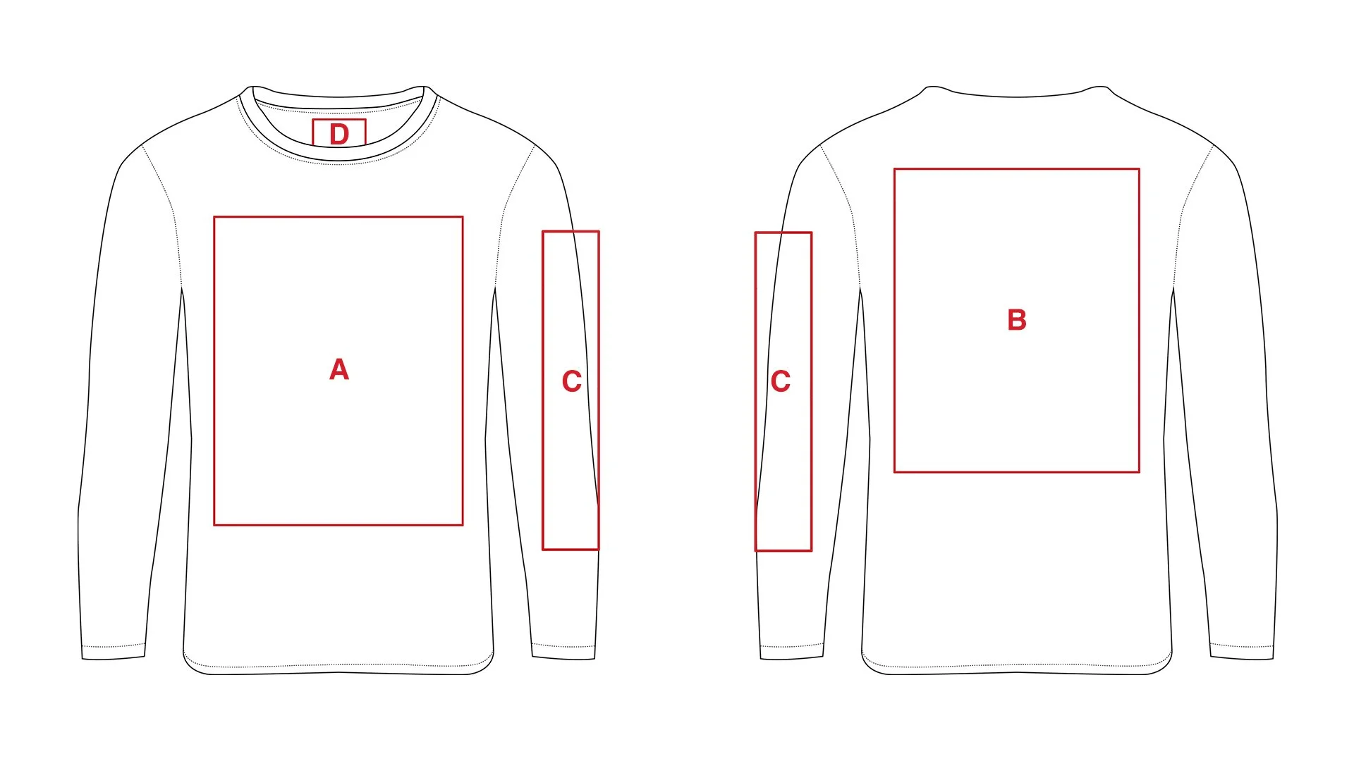 Long-sleeve t-shirt design template with labeled print areas A, B, C, and D.