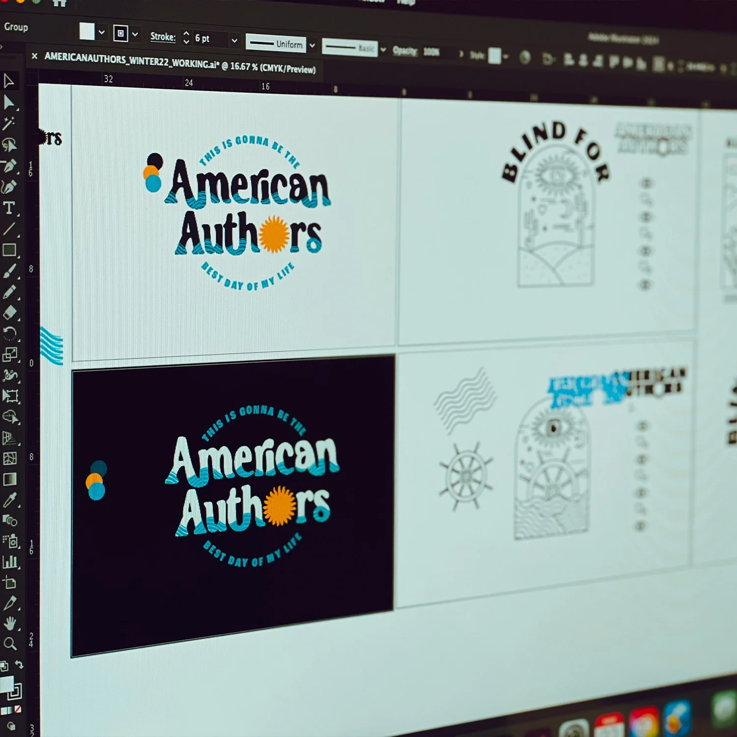 Graphic design software interface displaying logo designs, including text 'American Authors' with creative elements, visible on computer screen.