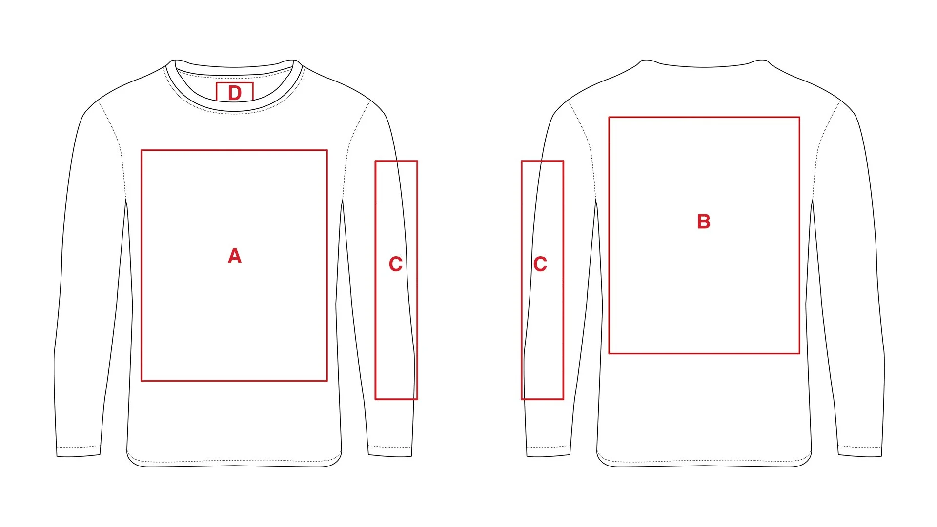 Diagram of a long-sleeve shirt with labeled print areas: front "A", back "B", sleeves "C", and neck label "D".