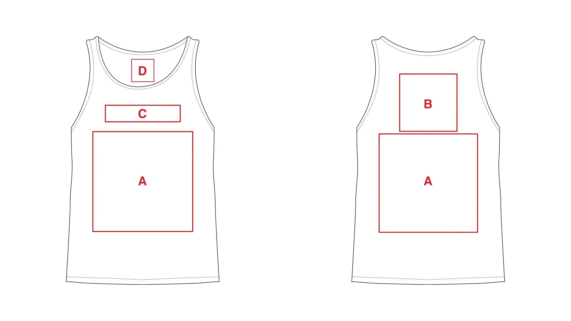 Vector illustration of a blank tank top with layout guides marked as sections A, B, C, and D for design placement. Front view features sections A, C, and D, while back view includes sections A and B.