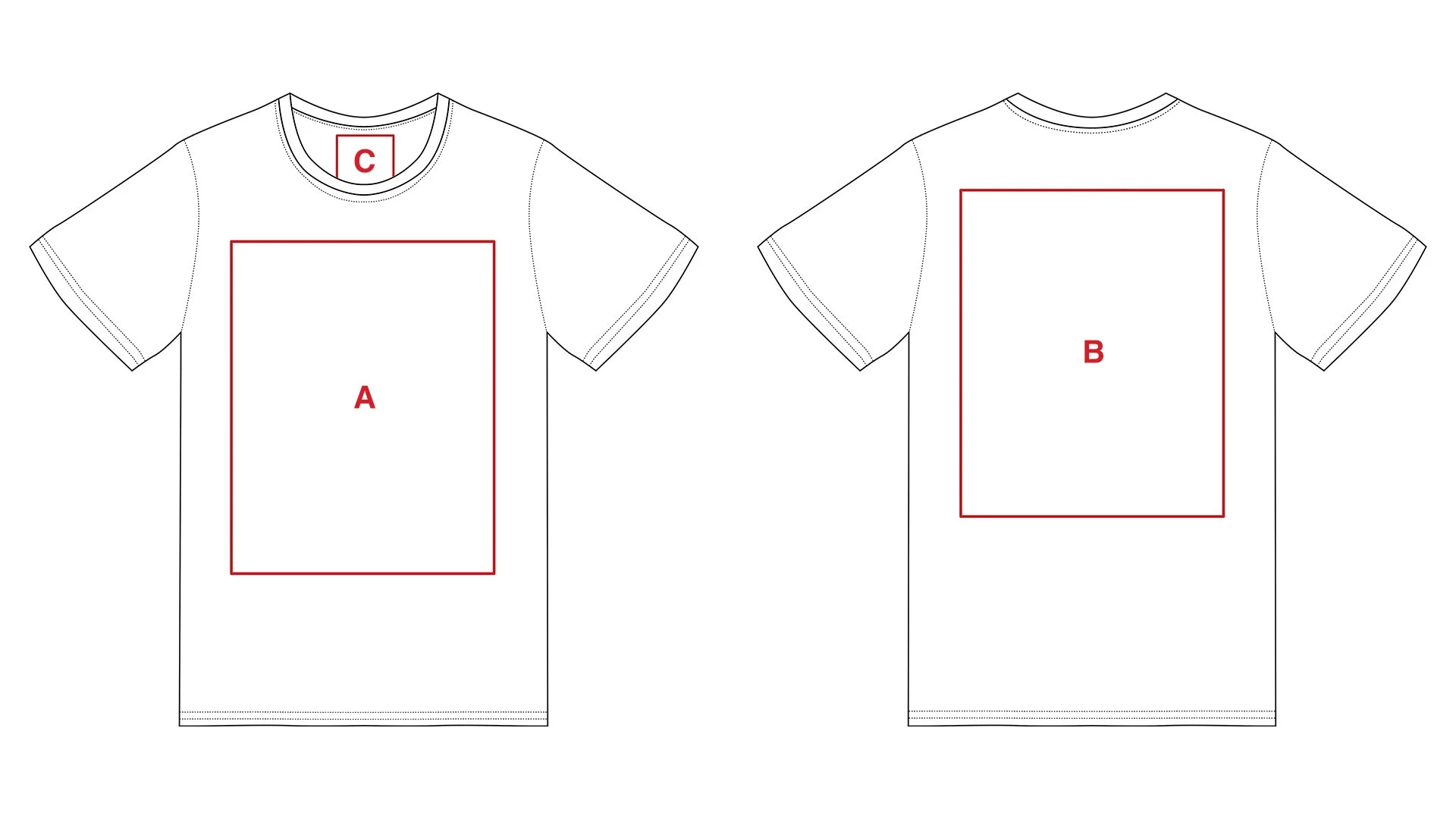 Illustration of a T-shirt with front and back shown, marked areas for design labeled A, B, and C.