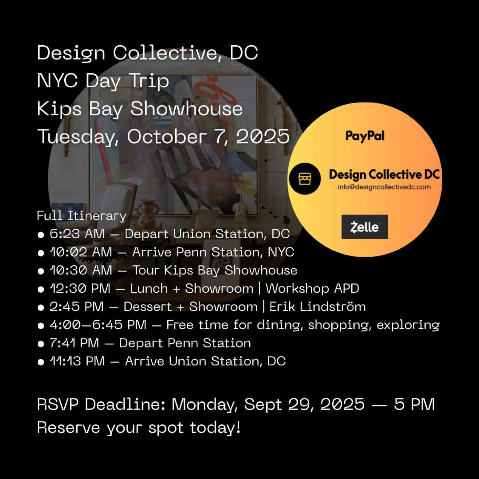 NYC Day Trip to the Kips Bay Show House
π
 Tuesday, October 7, 2025
π Travel in Style with Amtrak
The Experience
What’s Included
• Exclusive Kips Bay Show House tour
• Private showroom visits (Workshop APD + Erik Lindström)
&