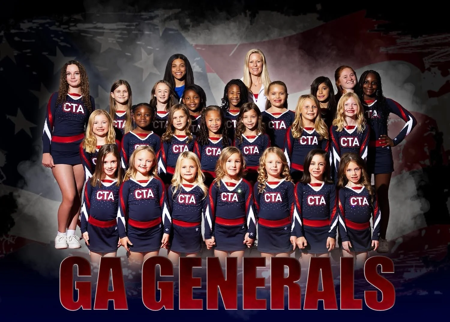 Group of young cheerleaders wearing navy, red, and white uniforms with white bows in their hair, posing for a team photo against an American flag background. Text on the image says 'Georgia Generals' and the logo for Champions Training Academy.