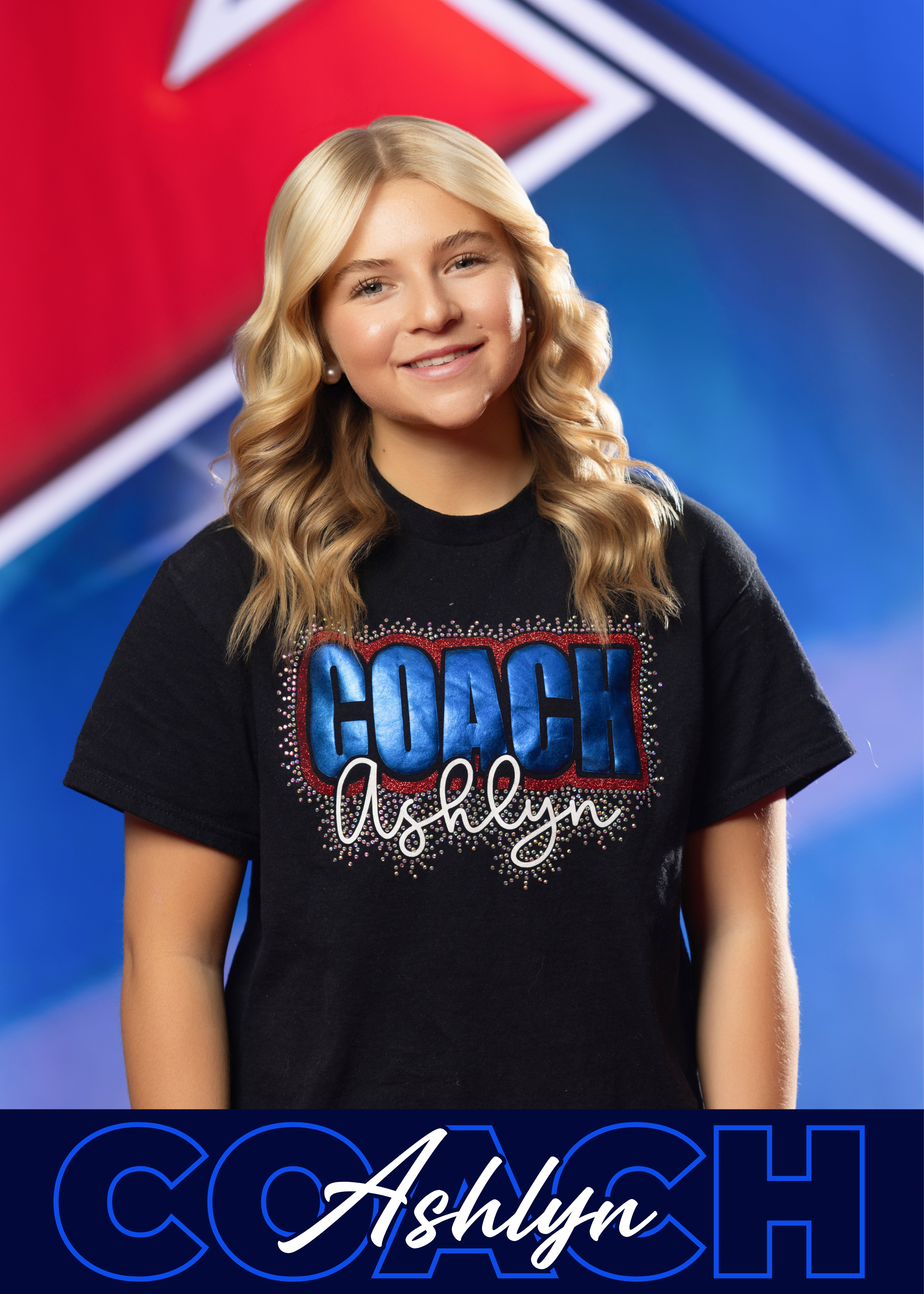 Young woman with blonde hair smiling, wearing a light blue t-shirt and black shorts, standing in front of a white backdrop with red and blue text and star logos that read "Champions Training Academy."
