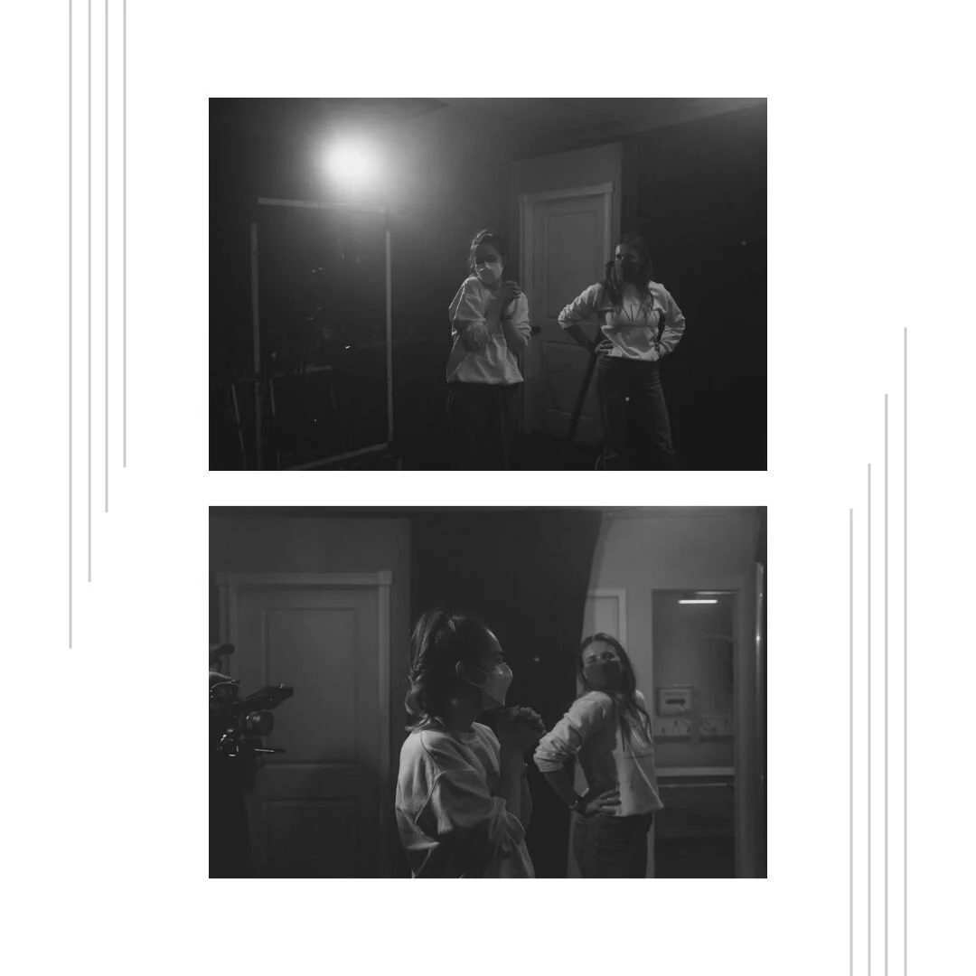 Our teaching team was so blown away by our students this year! You can see how giddy we were in these photos! We cannot wait to showcase your hard work this weekend at our Screening Event! ⁠
🖤⁠
A behind the scenes photo of Samantha and Sophie on set