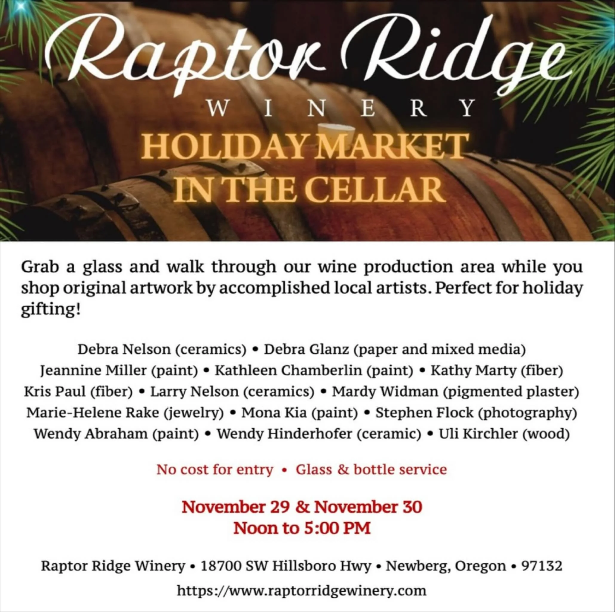 Join me for a weekend pop-up show hosted at Raptor Ridge Winery.
Wander through the winery&rsquo;s production area discovering art and meet the artists whose hands have created what surrounds you.
This weekend is a celebration of local artists and wi