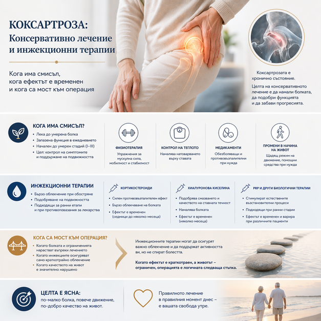 Консервативно лечение при коксартроза и инжекционни терапии: кога помагат и кога са мост към операция