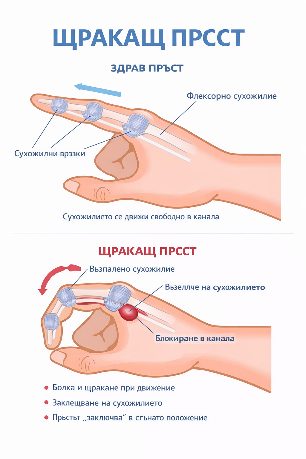 Схема на възпалено сухожилие при щракащ пръст (стенозиращ теносиновиит)