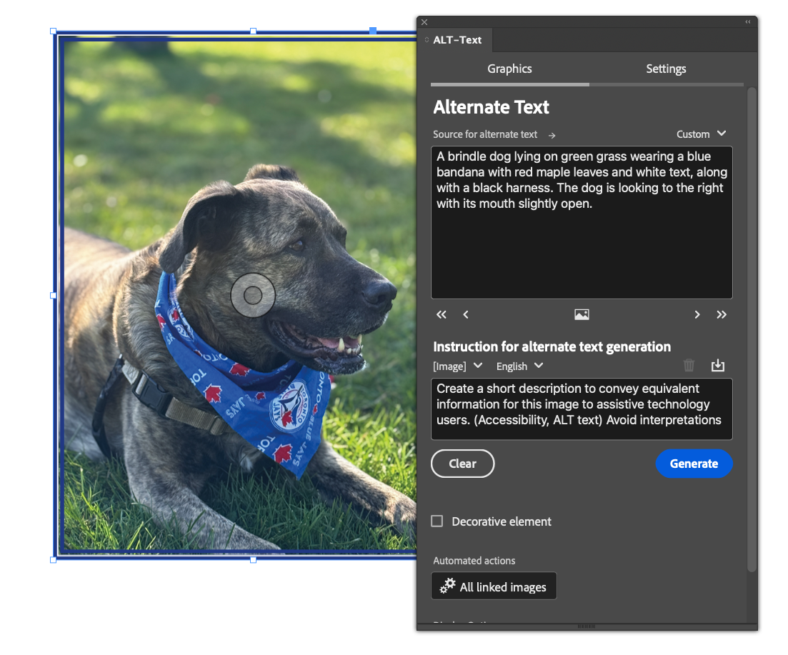 Image of a dog next to the results of the ALT-Text for InDesign plug-in.
